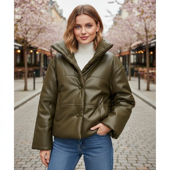 NWT En Saison Lana Vegan Leather Puffer Jacket Olive - Picture 1 of 4